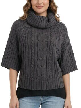 Chesley Women's Gray Cowl Neck Mid-Sleeve Chunky Cable Knit Sweater Size Medium